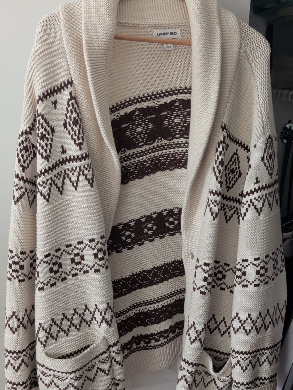 Lands' End Cream and Brown Fair Isle Shawl-Collar Cardigan